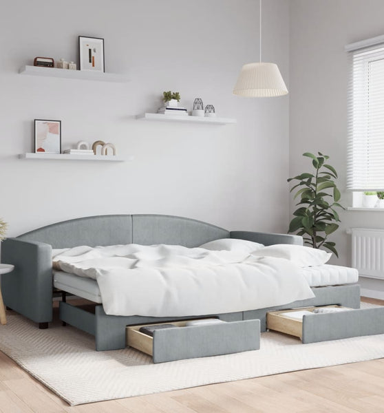Tagesbett Ausziehbar mit Schubladen Hellgrau 90x200 cm Stoff