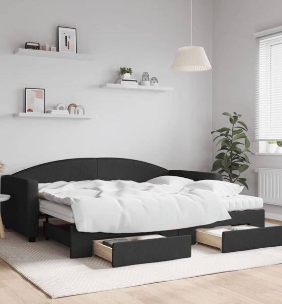 Tagesbett Ausziehbar mit Schubladen Schwarz 90x200 cm Stoff