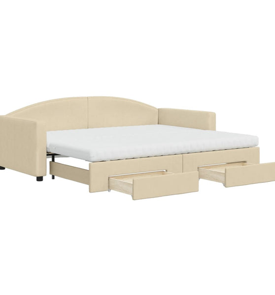 Tagesbett Ausziehbar mit Schubladen Creme 90x200 cm Stoff