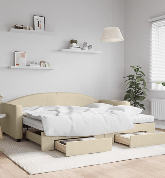Tagesbett Ausziehbar mit Schubladen Creme 90x200 cm Stoff