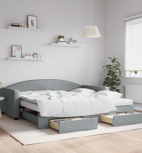 Tagesbett Ausziehbar mit Schubladen Hellgrau 100x200 cm Stoff
