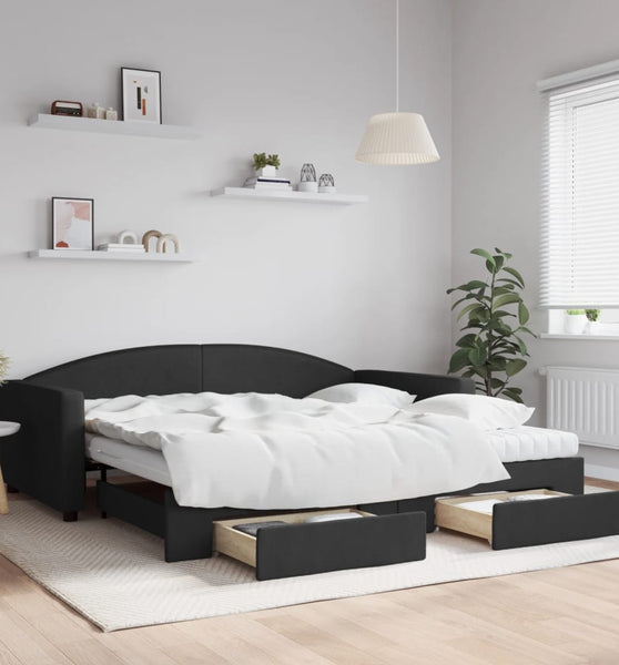 Tagesbett Ausziehbar mit Schubladen Schwarz 100x200 cm Stoff
