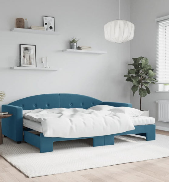 Tagesbett Ausziehbar mit Matratzen Blau 80x200 cm Samt