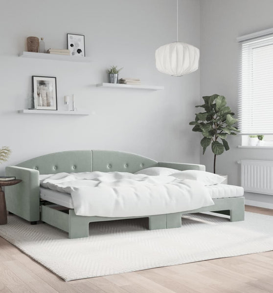 Tagesbett Ausziehbar mit Matratzen Hellgrau 90x200 cm Samt