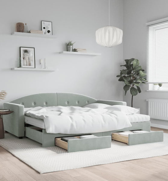 Tagesbett Ausziehbar mit Schubladen Hellgrau 90x190 cm Samt