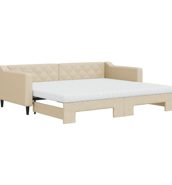 Tagesbett Ausziehbar mit Matratzen Creme 90x200 cm Stoff