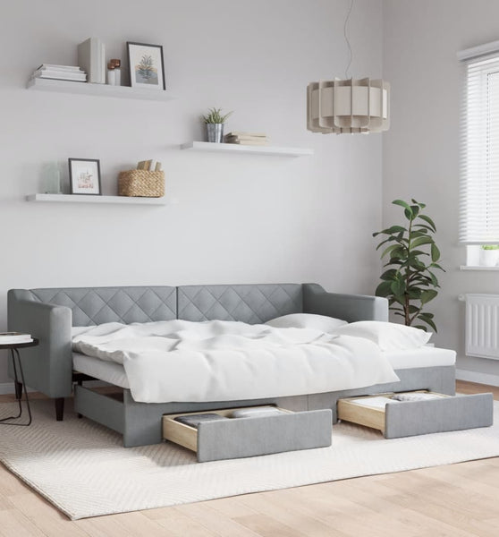 Tagesbett Ausziehbar mit Schubladen Hellgrau 80x200 cm Stoff