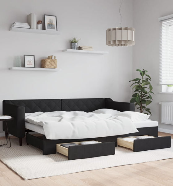 Tagesbett Ausziehbar mit Schubladen Schwarz 80x200 cm Stoff