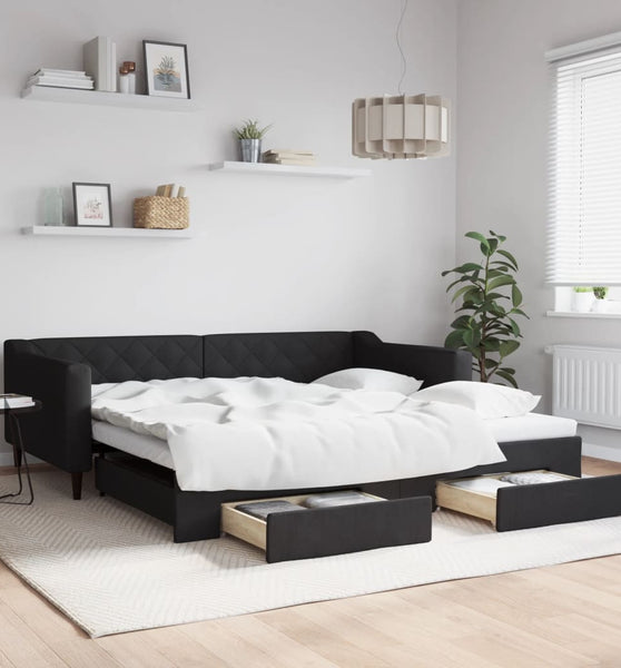 Tagesbett Ausziehbar mit Schubladen Schwarz 100x200 cm Stoff