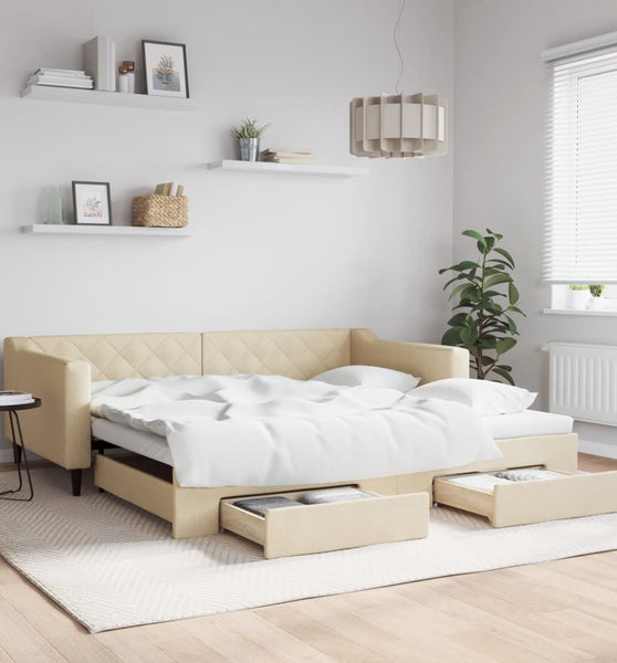 Tagesbett Ausziehbar mit Schubladen Creme 100x200 cm Stoff