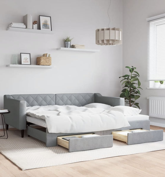 Tagesbett Ausziehbar mit Schubladen Hellgrau 90x190 cm Stoff