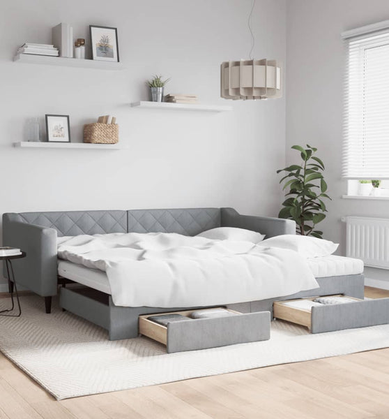 Tagesbett Ausziehbar mit Schubladen Hellgrau 100x200 cm Stoff