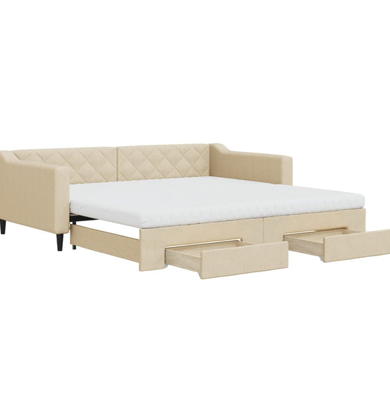 Tagesbett Ausziehbar mit Schubladen Creme 100x200 cm Stoff