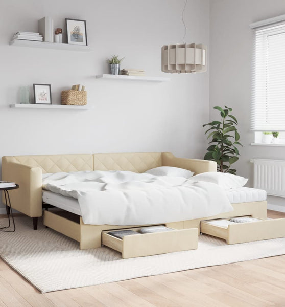 Tagesbett Ausziehbar mit Schubladen Creme 100x200 cm Stoff