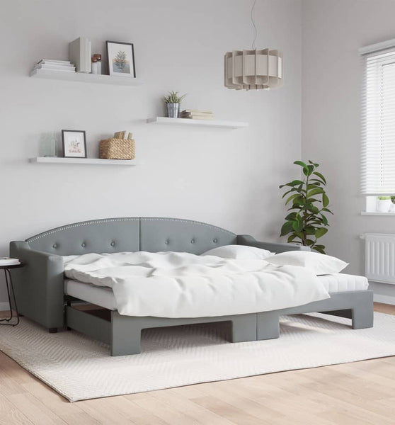 Tagesbett Ausziehbar mit Matratze Hellgrau 90x200 cm Stoff