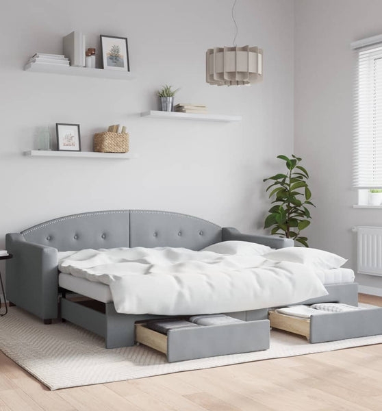 Tagesbett Ausziehbar mit Schubladen Hellgrau 90x190 cm Stoff