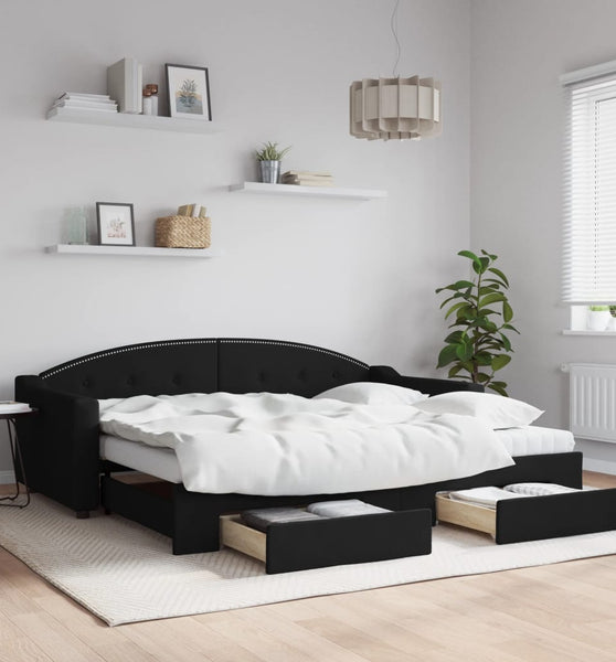 Tagesbett Ausziehbar mit Schubladen Schwarz 90x200 cm Stoff