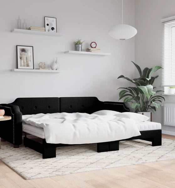 Tagesbett Ausziehbar mit Matratzen Schwarz 90x200 cm Stoff