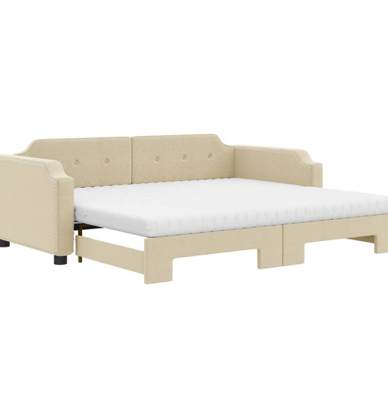 Tagesbett Ausziehbar mit Matratzen Creme 90x200 cm Stoff