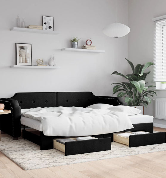 Tagesbett Ausziehbar mit Schubladen Schwarz 90x200 cm Stoff