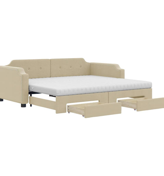 Tagesbett Ausziehbar mit Schubladen Creme 90x200 cm Stoff