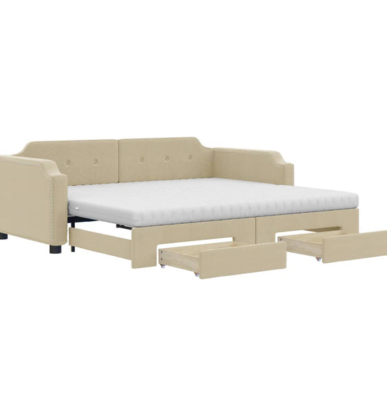 Tagesbett Ausziehbar mit Schubladen Creme 100x200 cm Stoff