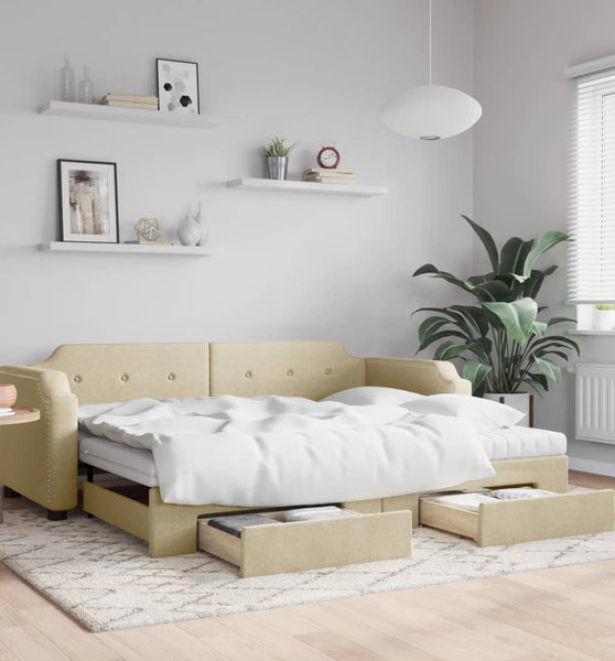 Tagesbett Ausziehbar mit Schubladen Creme 100x200 cm Stoff