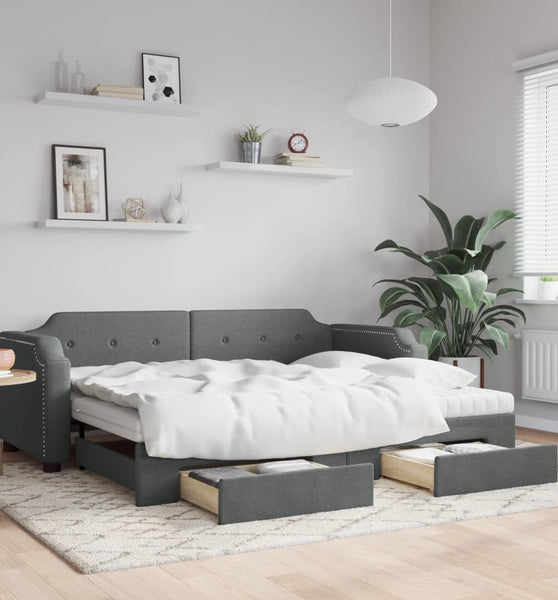 Tagesbett Ausziehbar mit Schubladen Dunkelgrau 90x190 cm Stoff