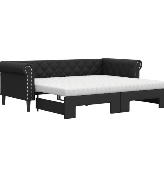 Tagesbett Ausziehbar mit Matratzen Schwarz 90x200 cm Kunstleder