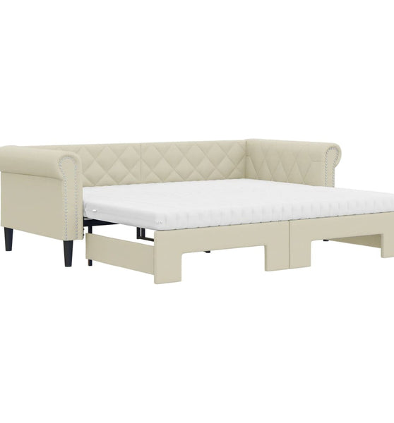Tagesbett Ausziehbar mit Matratzen Creme 90x200 cm Kunstleder