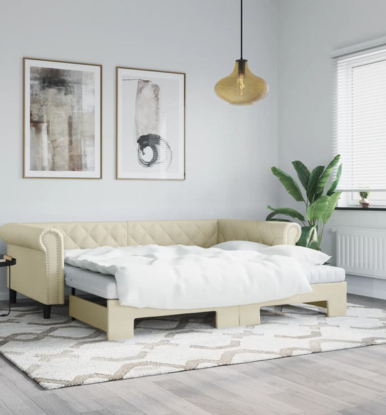 Tagesbett Ausziehbar mit Matratzen Creme 90x200 cm Kunstleder