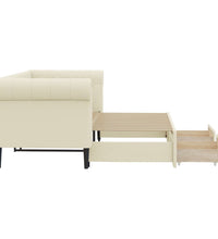 Tagesbett Ausziehbar mit Schubladen Creme 90x200 cm Kunstleder