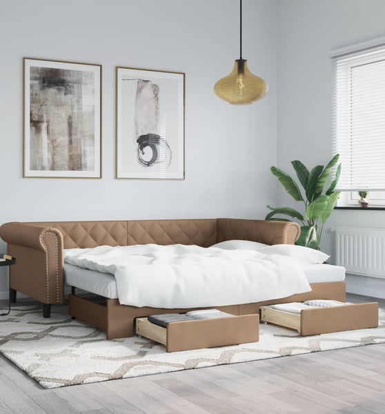 Tagesbett Ausziehbar mit Schubladen Braun 90x200 cm Kunstleder