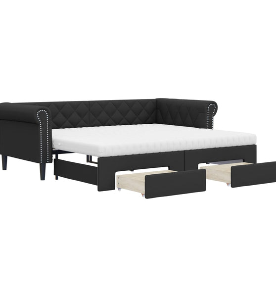 Tagesbett Ausziehbar mit Schubladen Schwarz 90x200cm Kunstleder