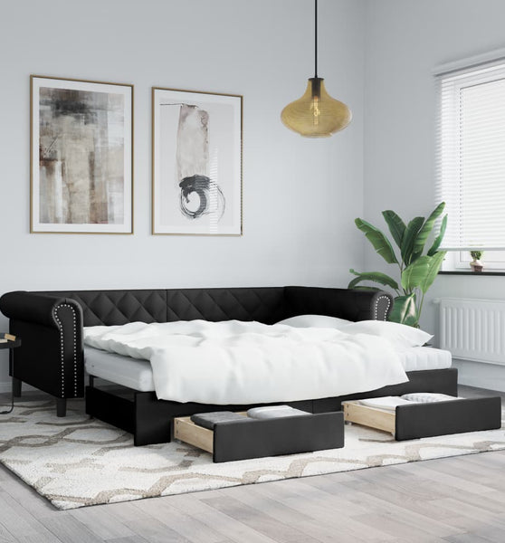 Tagesbett Ausziehbar mit Schubladen Schwarz 90x200cm Kunstleder