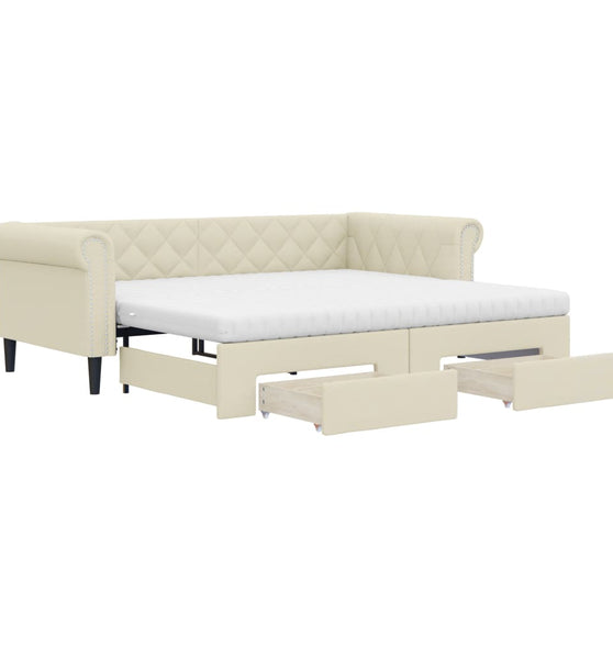 Tagesbett Ausziehbar mit Schubladen Creme 90x200 cm Kunstleder
