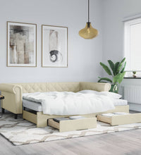 Tagesbett Ausziehbar mit Schubladen Creme 90x200 cm Kunstleder