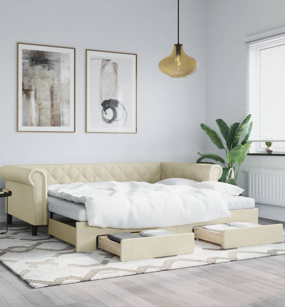 Tagesbett Ausziehbar mit Schubladen Creme 90x200 cm Kunstleder