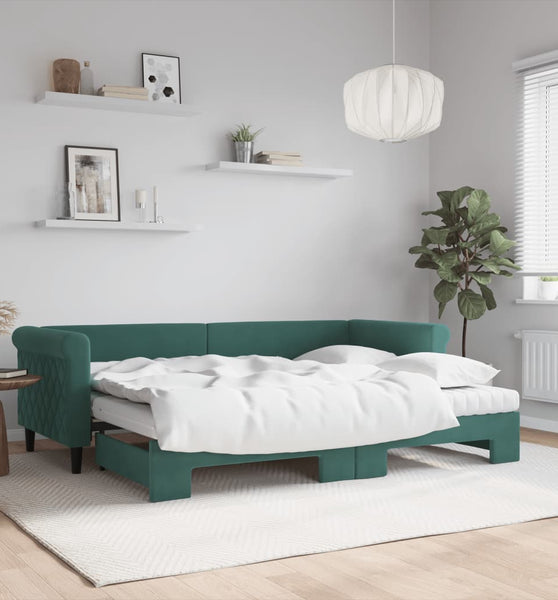 Tagesbett Ausziehbar mit Matratzen Dunkelgrün 80x200 cm Samt