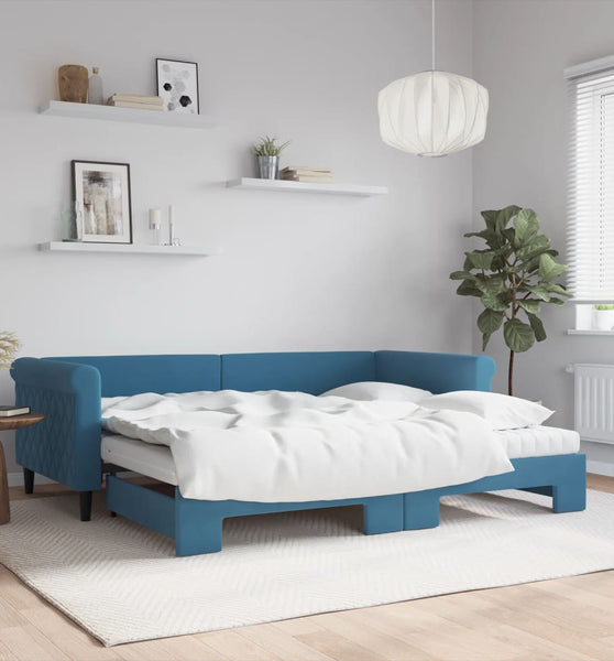 Tagesbett Ausziehbar mit Matratzen Blau 90x200 cm Samt