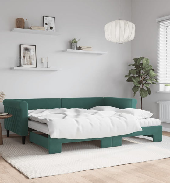 Tagesbett Ausziehbar mit Matratzen Dunkelgrün 90x200 cm Samt
