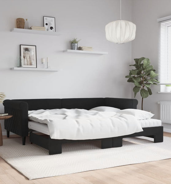 Tagesbett Ausziehbar mit Matratzen Schwarz 90x200 cm Samt