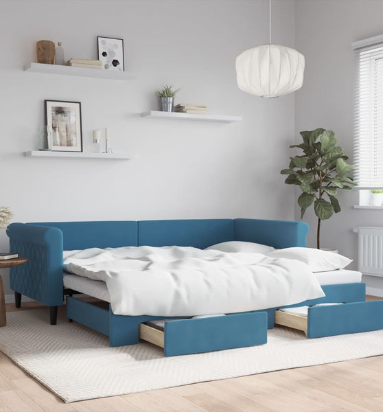 Tagesbett Ausziehbar mit Schubladen Blau 90x200 cm Samt