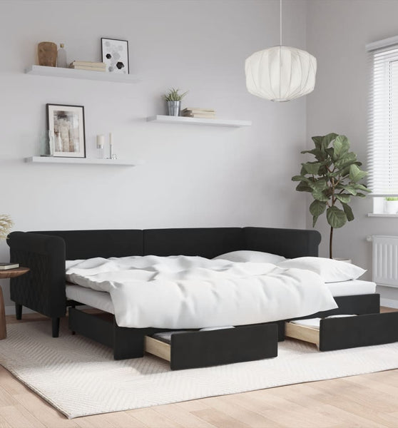 Tagesbett Ausziehbar mit Schubladen Schwarz 90x200 cm Samt