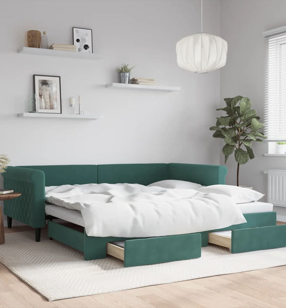 Tagesbett Ausziehbar mit Schubladen Dunkelgrün 100x200 cm Samt