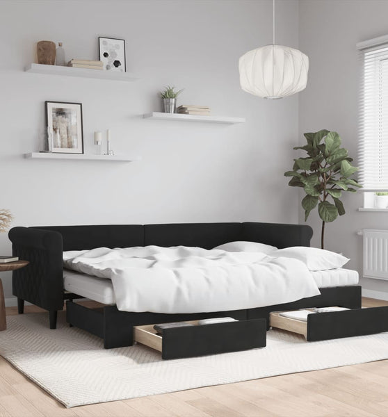 Tagesbett Ausziehbar mit Schubladen Schwarz 80x200 cm Samt