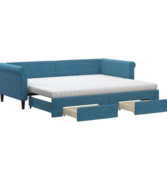 Tagesbett Ausziehbar mit Schubladen Blau 90x200 cm Samt