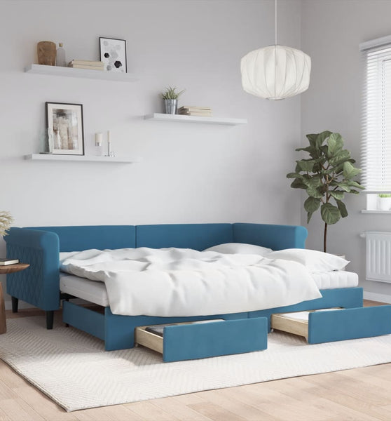 Tagesbett Ausziehbar mit Schubladen Blau 90x200 cm Samt