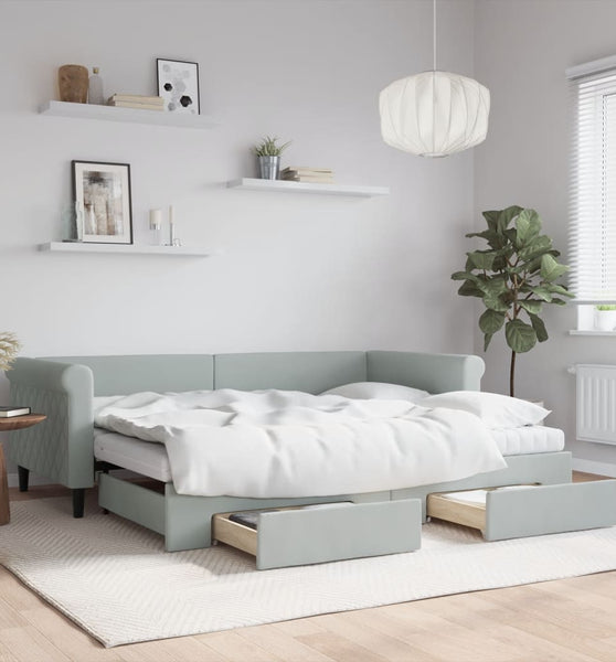 Tagesbett Ausziehbar mit Schubladen Hellgrau 90x200 cm Samt