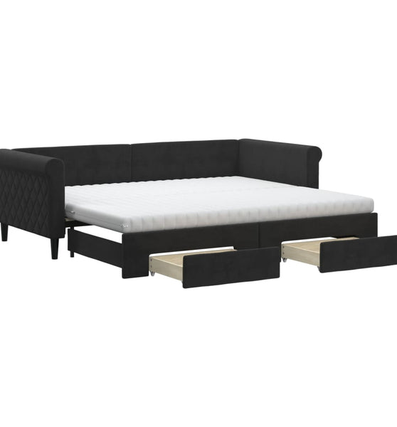 Tagesbett Ausziehbar mit Schubladen Schwarz 90x200 cm Samt